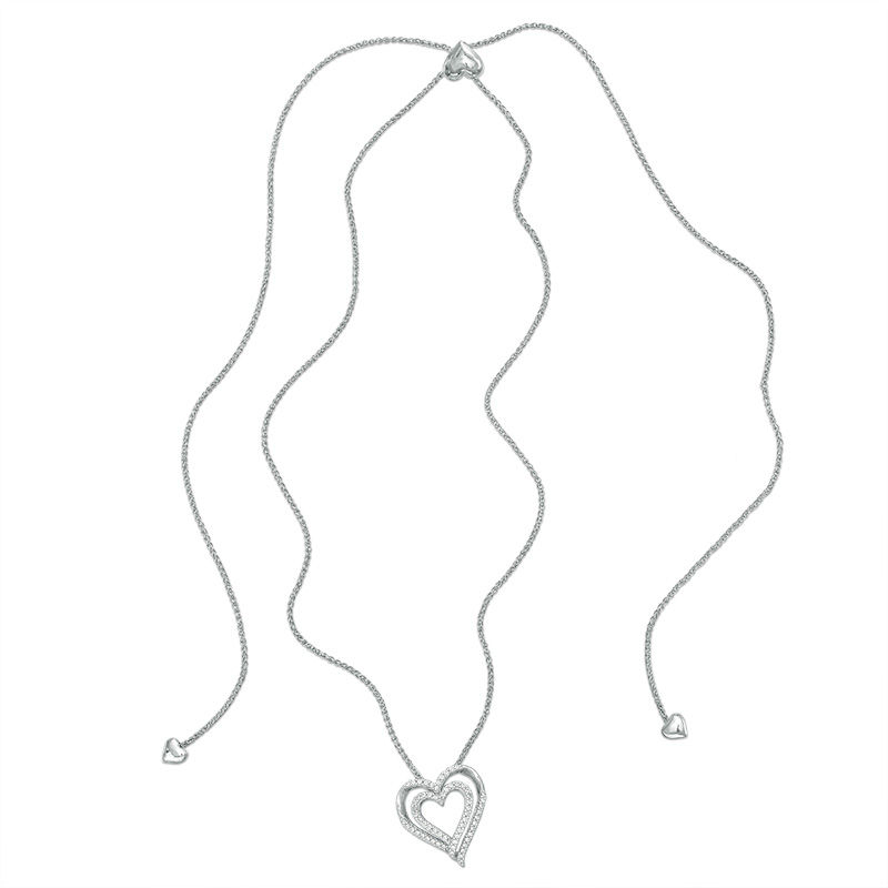 0.37 CT. T.W. Diamond Double Heart Bolo Necklace in Sterling Silver - 30"