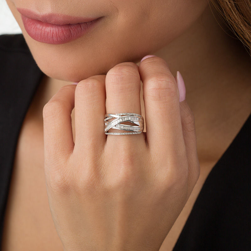 Main Image 3 of 0.50 CT. T.W. Baguette and Round Diamond Crossover Band in Sterling Silver