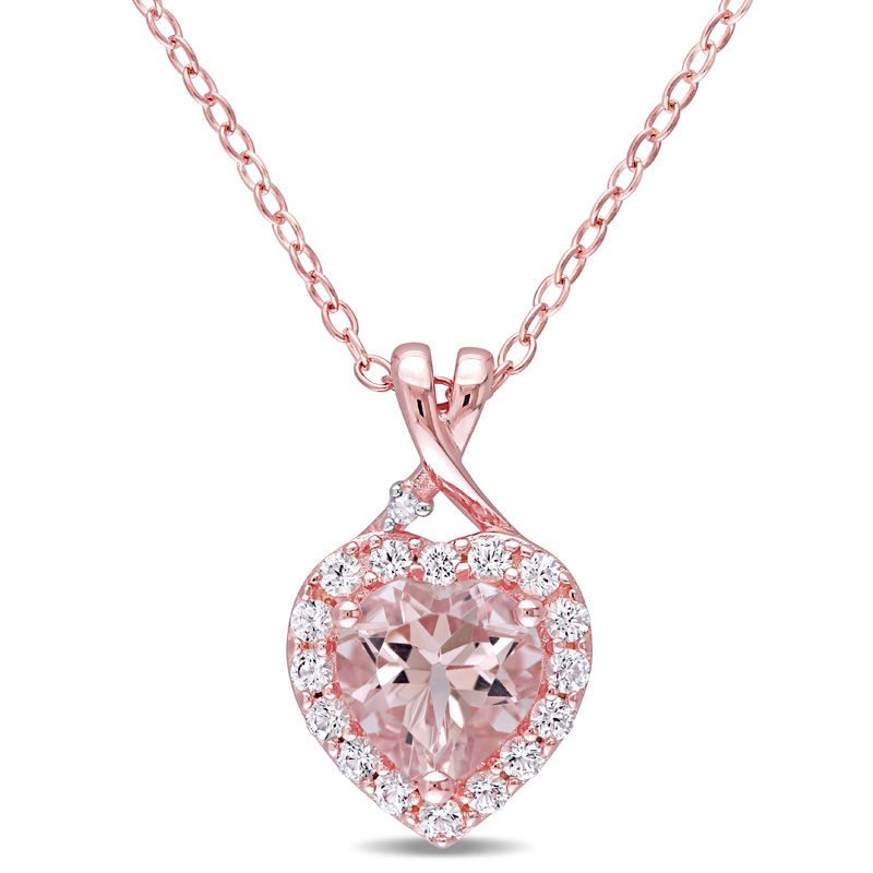 7.0mm Heart-Shaped Morganite, Lab-Created White Sapphire and Diamond Accent Pendant in Sterling Silver with Rose Rhodium|Peoples Jewellers