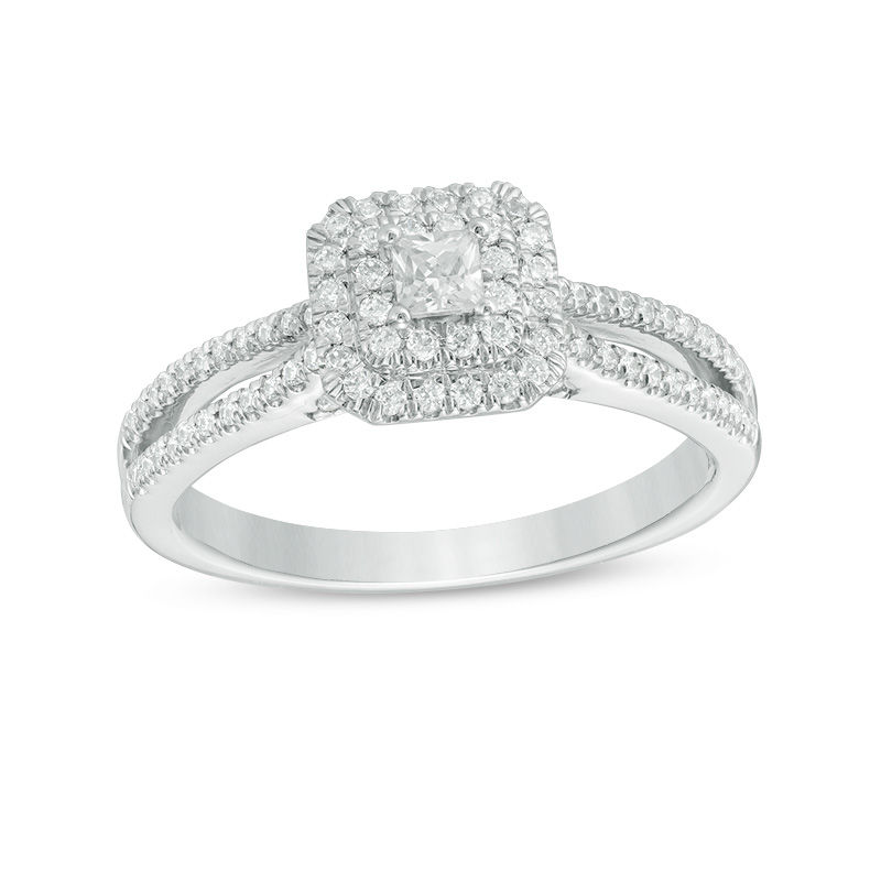 0.50 CT. T.W. Princess-Cut Diamond Double Frame Split Shank Vintage-Style Engagement Ring in 14K White Gold|Peoples Jewellers