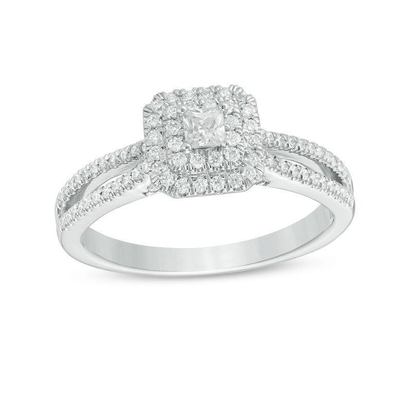 Main Image 1 of 0.50 CT. T.W. Princess-Cut Diamond Double Frame Split Shank Vintage-Style Engagement Ring in 14K White Gold