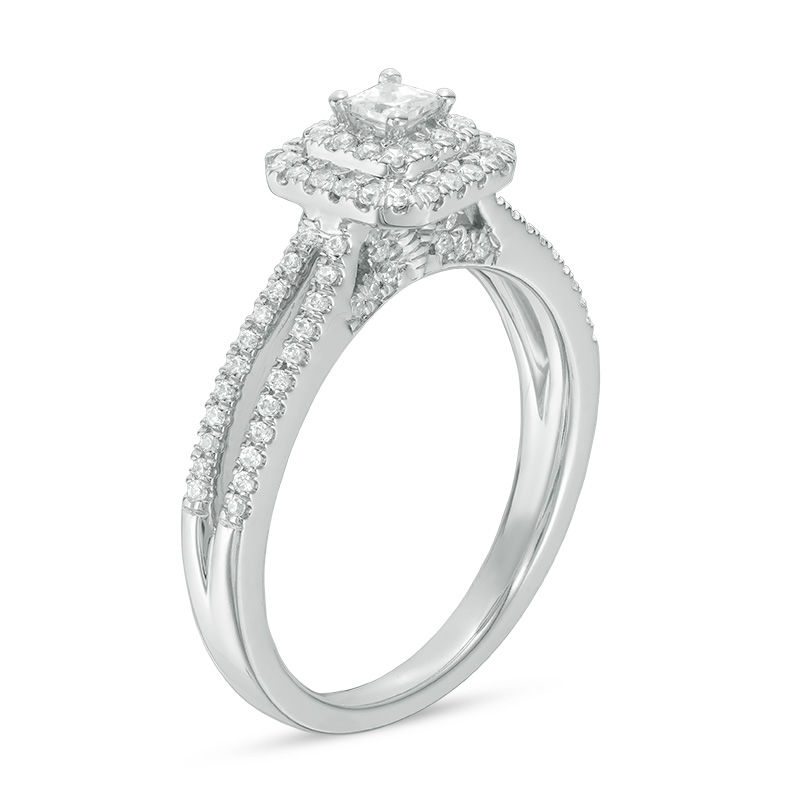Main Image 2 of 0.50 CT. T.W. Princess-Cut Diamond Double Frame Split Shank Vintage-Style Engagement Ring in 14K White Gold