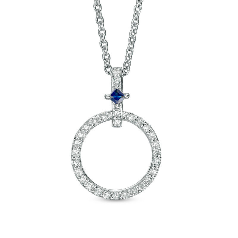 Vera Wang Love Collection 0.23 CT. T.W. Diamond and Princess-Cut Blue Sapphire Circle Pendant in Sterling Silver - 19"