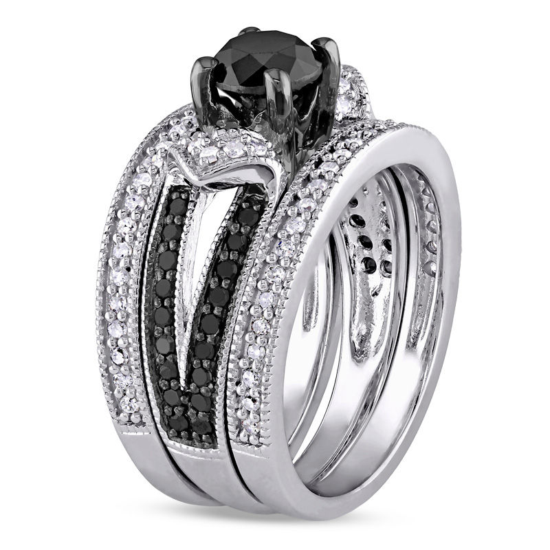 1.25 CT. T.W. Enhanced Black and White Diamond Collar Split Shank Three Piece Bridal Set in Sterling Silver