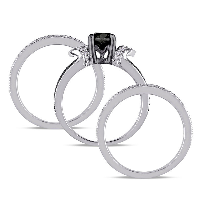 1.25 CT. T.W. Enhanced Black and White Diamond Collar Split Shank Three Piece Bridal Set in Sterling Silver