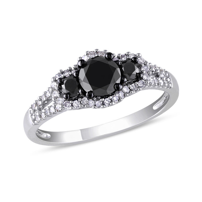 0.98 CT. T.W. Enhanced Black and White Diamond Three Stone Frame Engagement Ring in 10K White Gold|Peoples Jewellers