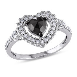 1.01 CT. T.W. Enhanced Black Heart-Shaped and White Diamond Scallop Frame Engagement Ring in 10K White Gold
