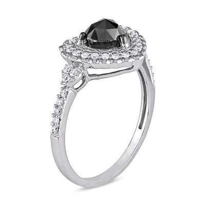 1.01 CT. T.W. Enhanced Black Heart-Shaped and White Diamond Scallop Frame Engagement Ring in 10K White Gold