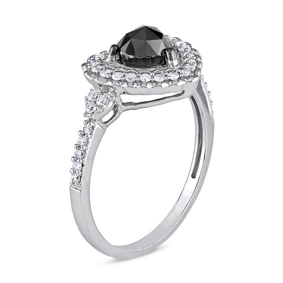 1.01 CT. T.W. Enhanced Black Heart-Shaped and White Diamond Scallop Frame Engagement Ring in 10K White Gold