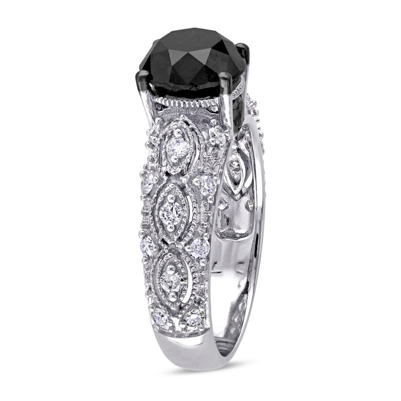 Main Image 2 of 3.00 CT. T.W. Enhanced Black and White Diamond Vintage-Style Engagement Ring in 10K White Gold