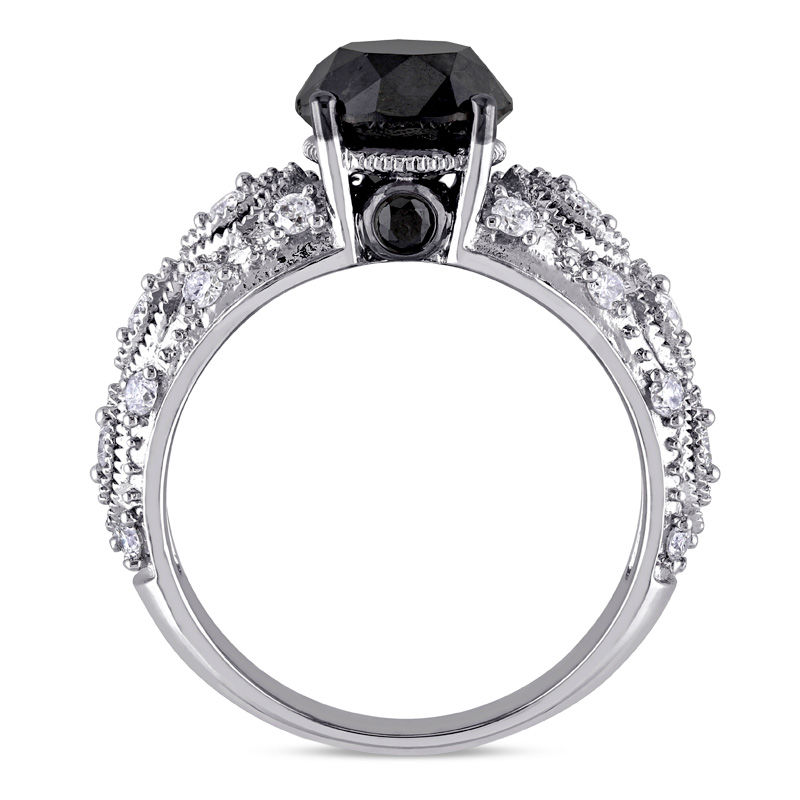 Main Image 3 of 3.00 CT. T.W. Enhanced Black and White Diamond Vintage-Style Engagement Ring in 10K White Gold