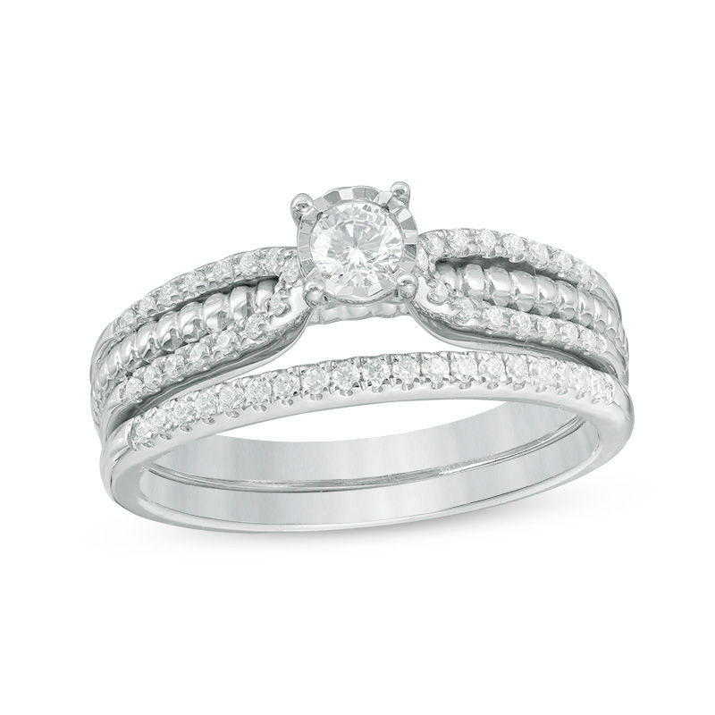 Main Image 1 of 0.33 CT. T.W. Diamond Rope Multi-Row Shank Bridal Set in 10K White Gold