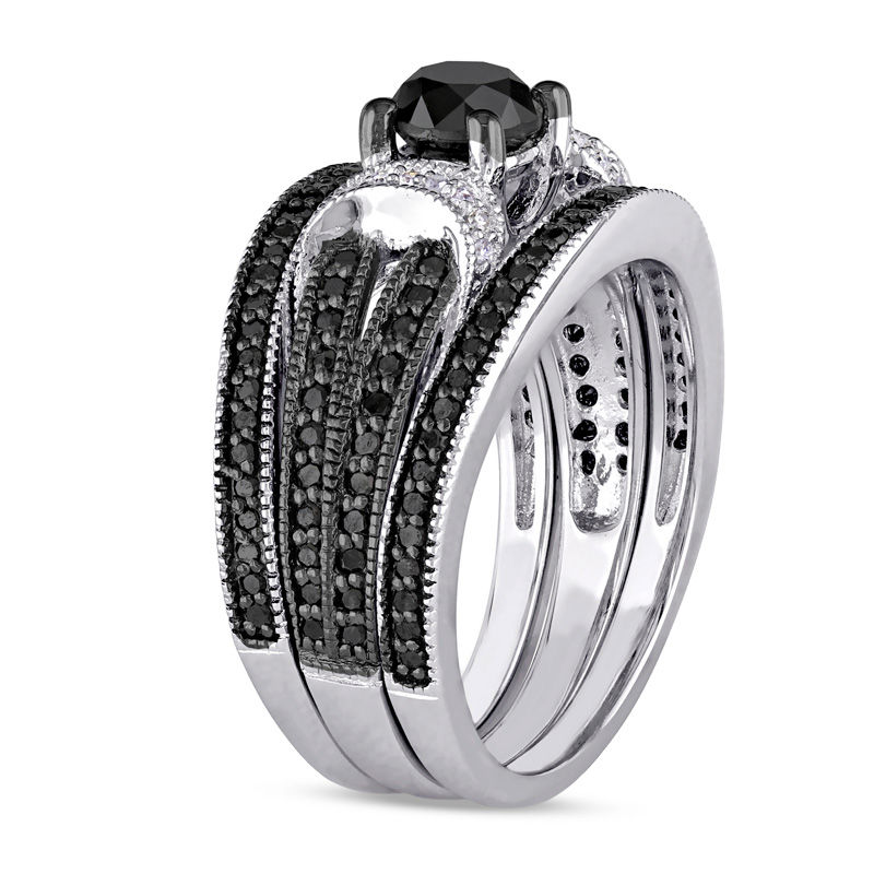 Main Image 2 of 1.27 CT. T.W. Black Diamond Buckle Vintage-Style Three Piece Bridal Set in Sterling Silver