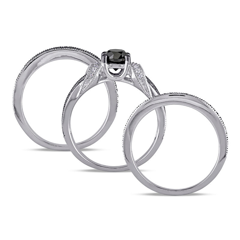 Main Image 3 of 1.27 CT. T.W. Black Diamond Buckle Vintage-Style Three Piece Bridal Set in Sterling Silver