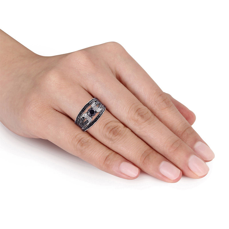 Main Image 4 of 1.27 CT. T.W. Black Diamond Buckle Vintage-Style Three Piece Bridal Set in Sterling Silver