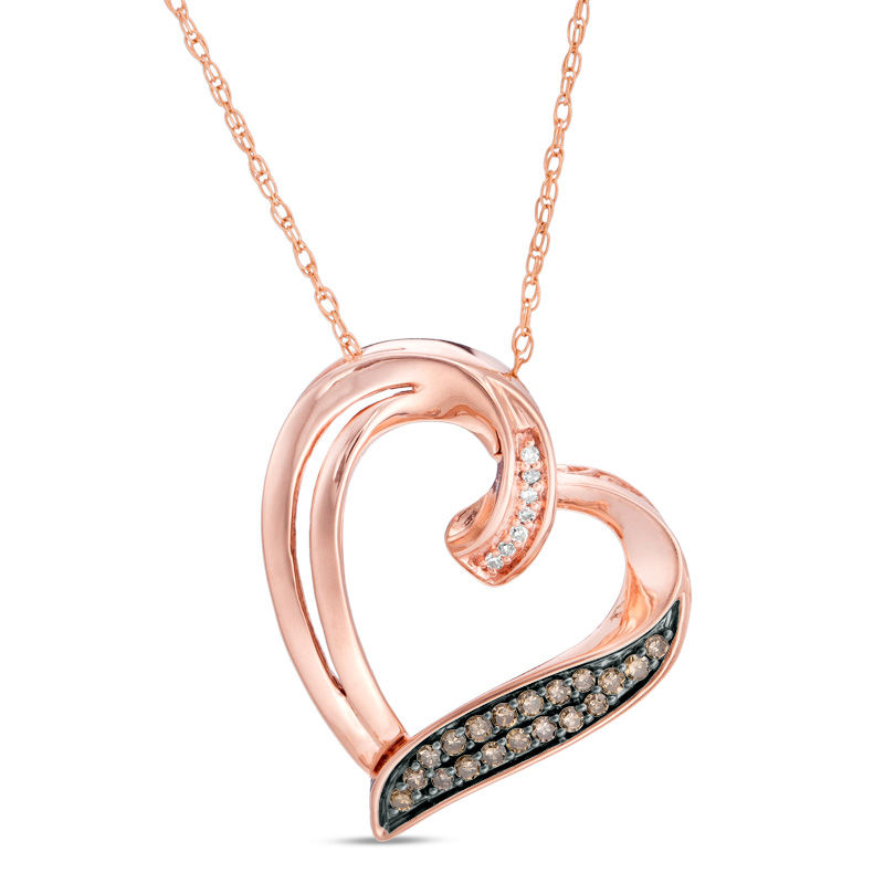 0.10 CT. T.W. Champagne and White Diamond Tilted Heart Pendant in 10K Rose Gold