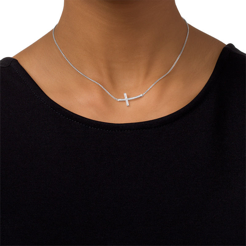 Main Image 3 of 0.09 CT. T.W. Diamond Sideways Cross Bolo Necklace in Sterling Silver - 30"