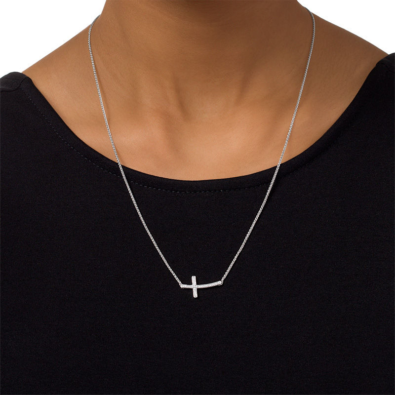 Main Image 4 of 0.09 CT. T.W. Diamond Sideways Cross Bolo Necklace in Sterling Silver - 30"