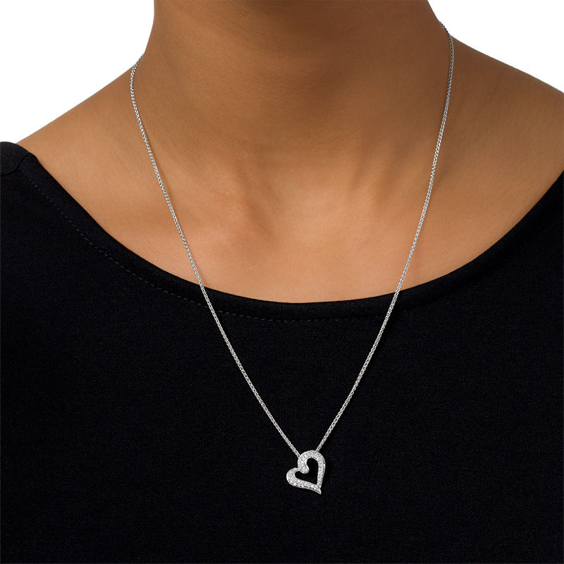 0.18 CT. T.W. Diamond Tilted Heart Bolo Necklace in Sterling Silver - 30"
