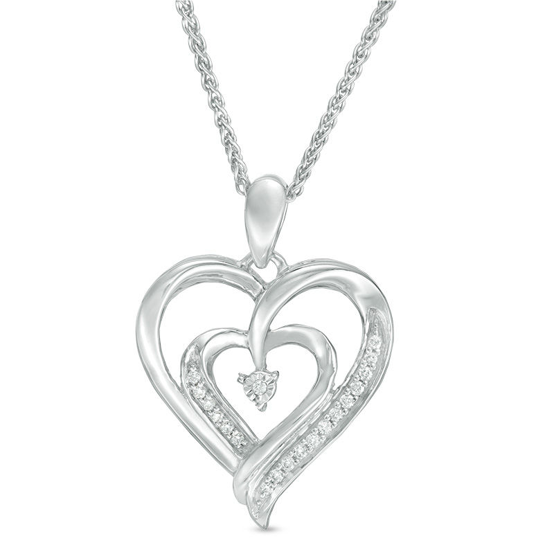 0.09 CT. T.W. Diamond Double Heart Bolo Necklace in Sterling Silver - 30"