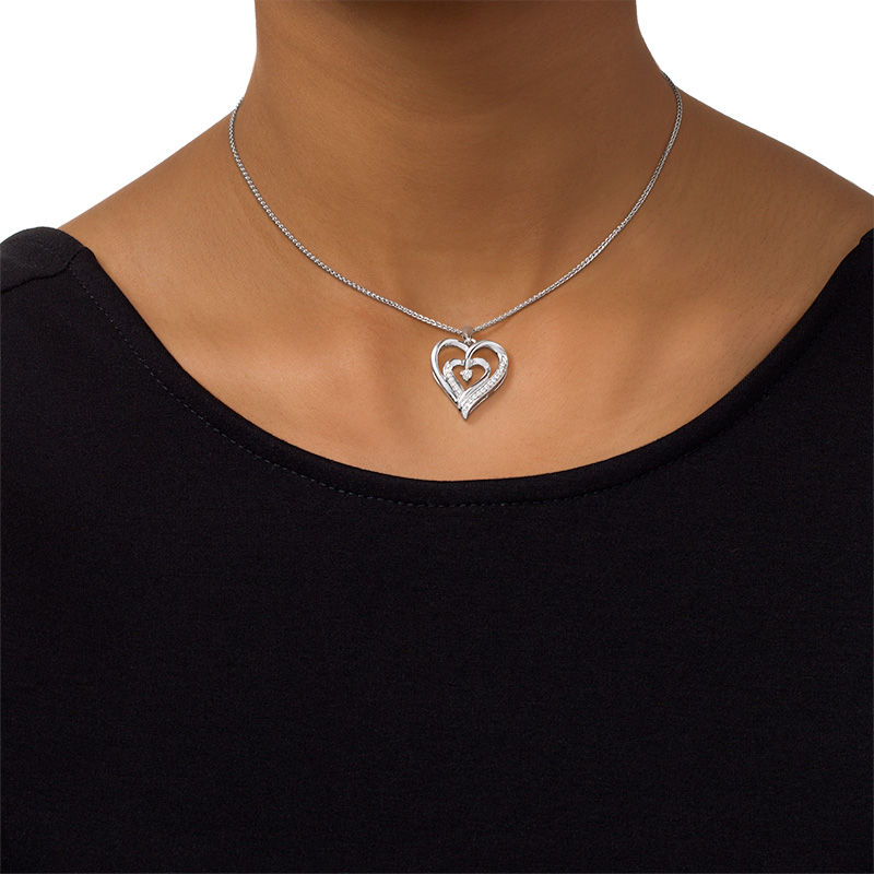 0.09 CT. T.W. Diamond Double Heart Bolo Necklace in Sterling Silver - 30"