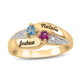 Couple's Heart-Shaped Birthstone and Diamond Accent Double Row Bypass Ring (2 Stones and Names)