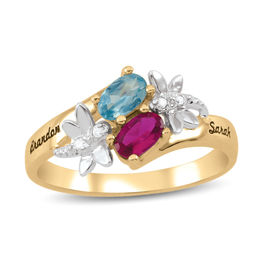 Couple's Oval Birthstone and Diamond Accent Dragonfly Bypass Ring (2 Stones and Names)