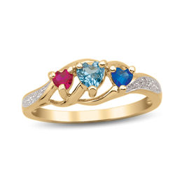 Mother's Heart-Shaped Birthstone and Diamond Accent Rolling Wave Ring (3 Stones)