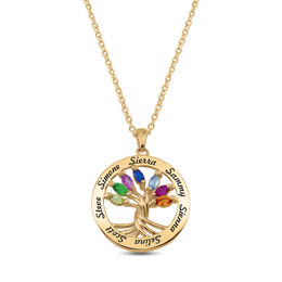 Mother's Marquise Birthstone Twisted Family Tree Circle Pendant (7 Stones and Names)