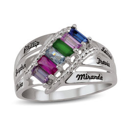 Mother's Baguette Birthstone Slant Multi-Row Ring (6 Stones and Names)