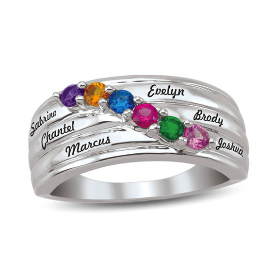 Mother s Birthstone Slant Multi Row Ring 6 Stones and Names Peoples Jewellers