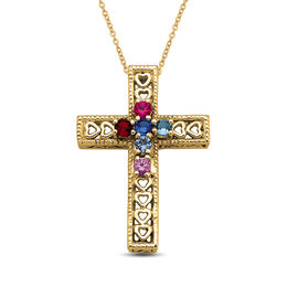 Mother's Birthstone Cross with Hearts Pendant (3-7 Stones)