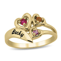 Daughter's Birthstone Triple Heart Ring (3 Stones and 1 Name)