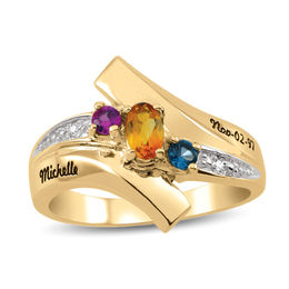 Daughter’s Oval and Round Birthstone and Diamond Accent Bypass Ring (3 Stones and 1-2 Lines)