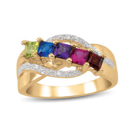 Mother's Princess-Cut Birthstone and Diamond Accent Swirl Bypass Ring (5 Stones)