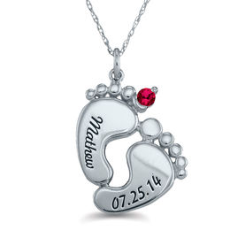 Mother's Birthstone Engravable Footprints Pendant (1 Stone and 2 Lines)
