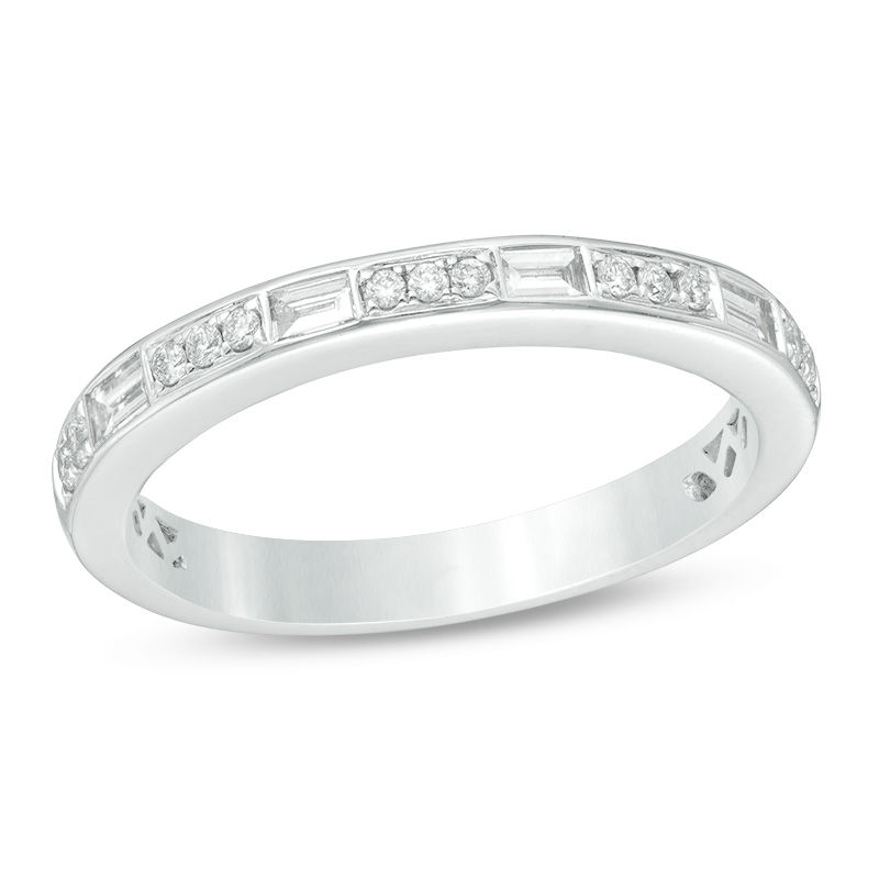 0.28 CT. T.W. Baguette and Round Diamond Alternating Wedding Band in 14K White Gold