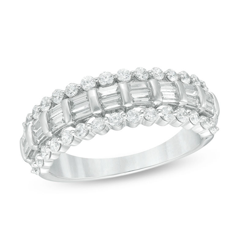 1.00 CT. T.W. Baguette and Round Diamond Ladder Anniversary Band in 10K White Gold