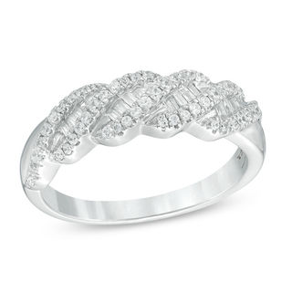 0.38 CT. T.W. Baguette and Round Diamond Wave Anniversary Band in 10K White Gold