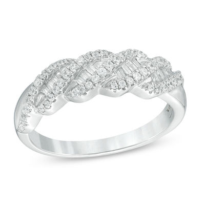 0.38 CT. T.W. Baguette and Round Diamond Wave Anniversary Band in 10K White Gold