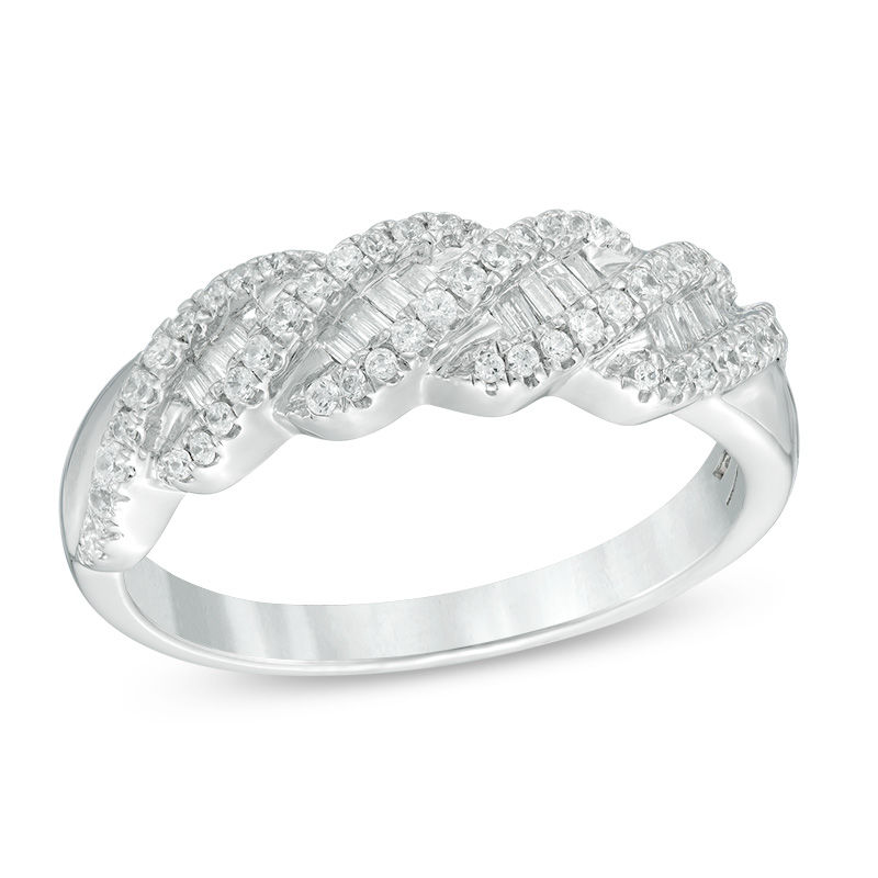 0.38 CT. T.W. Baguette and Round Diamond Wave Anniversary Band in 10K White Gold