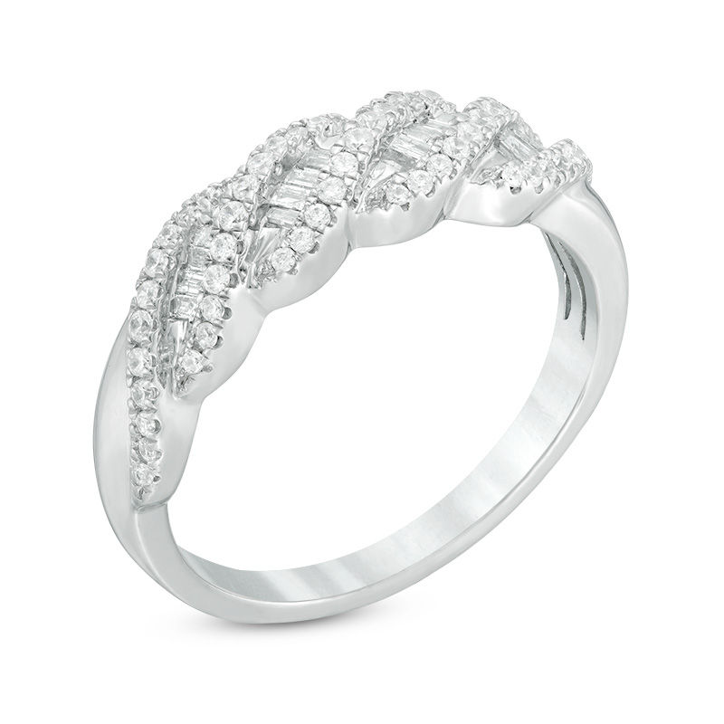 0.38 CT. T.W. Baguette and Round Diamond Wave Anniversary Band in 10K White Gold
