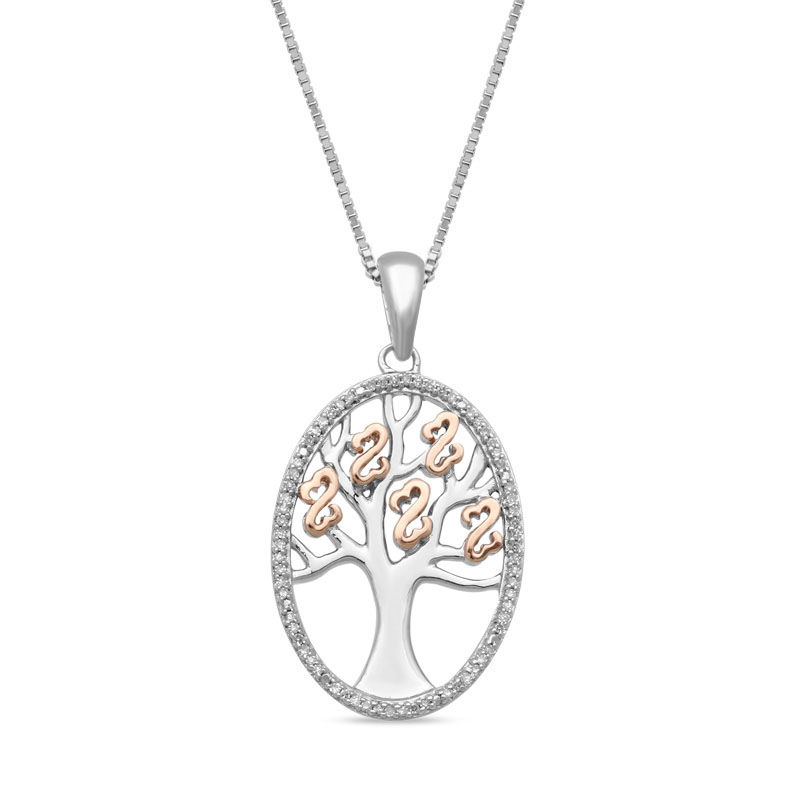 Open Hearts by Jane Seymour™ 0.10 CT. T.W. Diamond Family Tree Oval Pendant in Sterling Silver and 10K Rose Gold