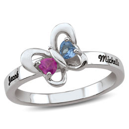 Couple's Heart-Shaped Birthstone Butterfly Ring (2 Stones and Names)