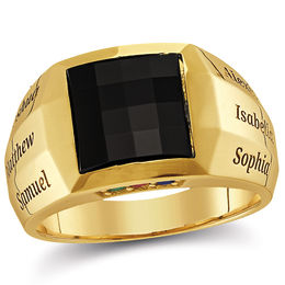 Men's 10.0mm Square Faceted Onyx and Birthstone Signet Ring (6 Stones and Names)