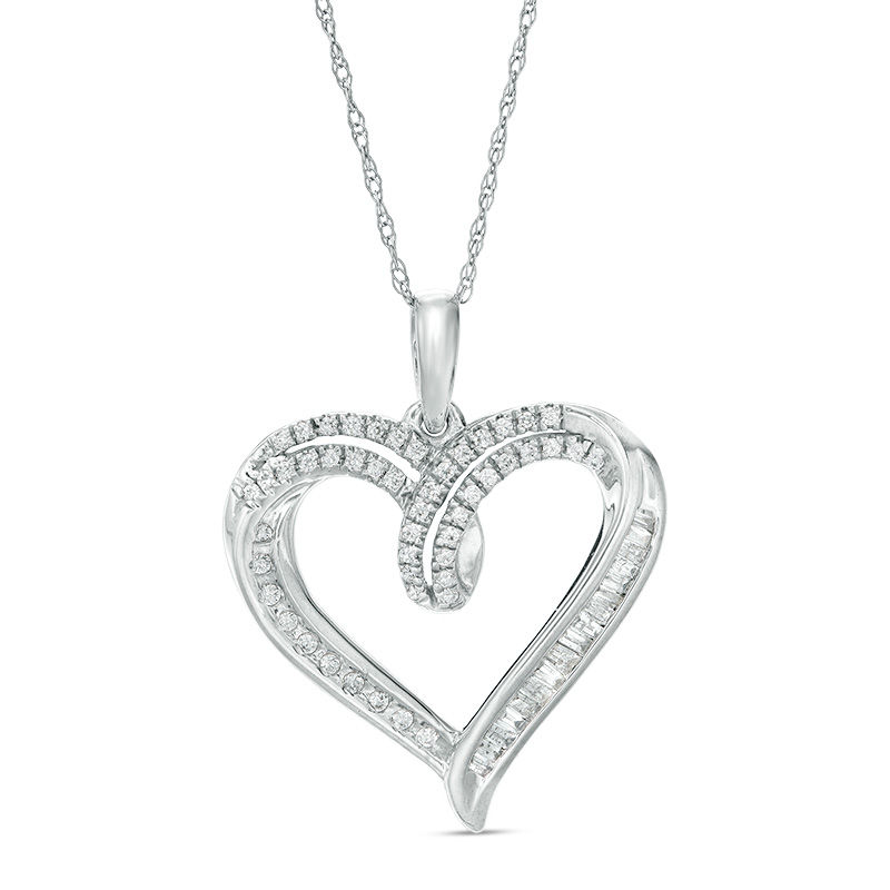 0.25 CT. T.W. Baguette and Round Diamond Heart Pendant in 10K White Gold