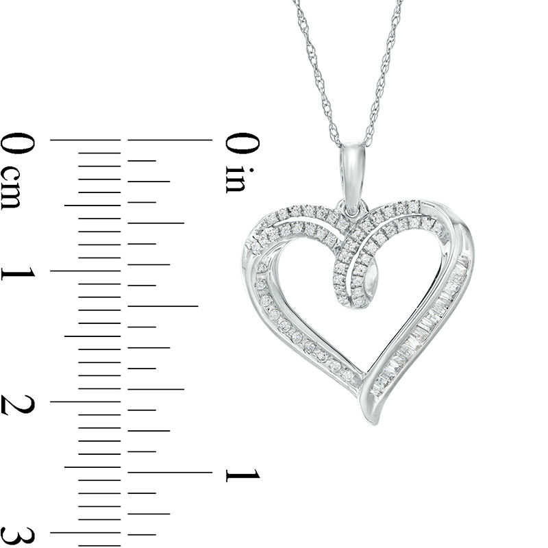 0.25 CT. T.W. Baguette and Round Diamond Heart Pendant in 10K White Gold