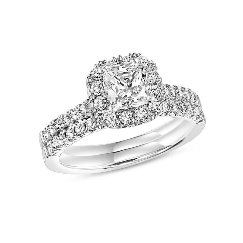 0.76 CT. T.W. Cushion-Cut Diamond Frame Bridal Set in 14K White Gold ...