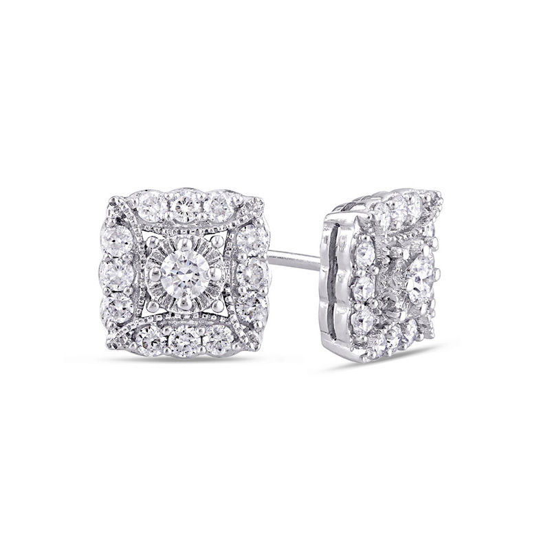 0.73 CT. T.W. Diamond Square Frame Vintage-Style Stud Earrings in 14K White Gold