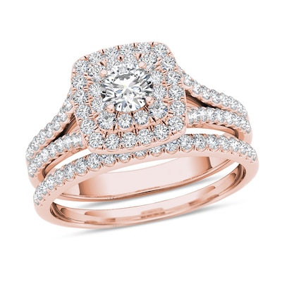 0.95 CT. T.W. Diamond Double Cushion Frame Split Shank Bridal Set in 14K Rose Gold